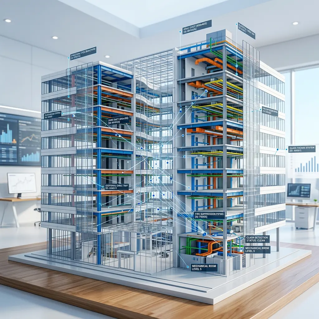 Digitales BIM-Modell eines Bürogebäudes mit farbig dargestellter Gebäudetechnik