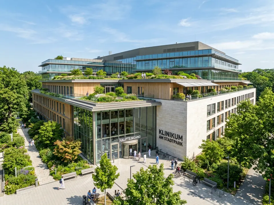 Klinikgebäude mit begrünten Terrassen und Glasfassade