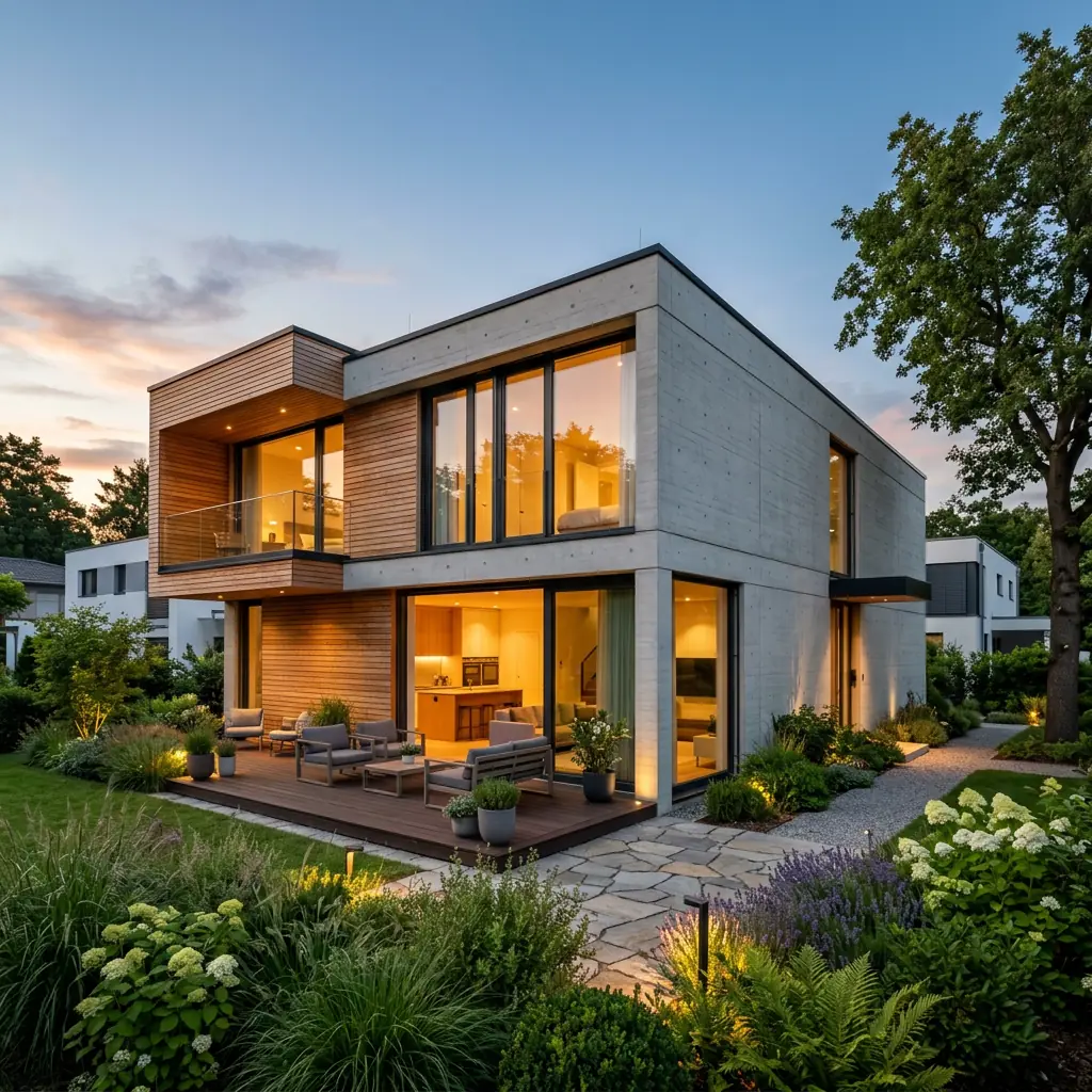 Modernes Wohnhaus mit Holz- und Betonfassade in der Abenddämmerung