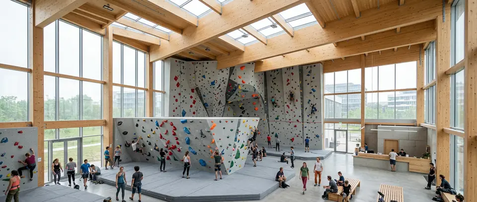 Kletterhalle mit Holzdachkonstruktion und Boulderwänden